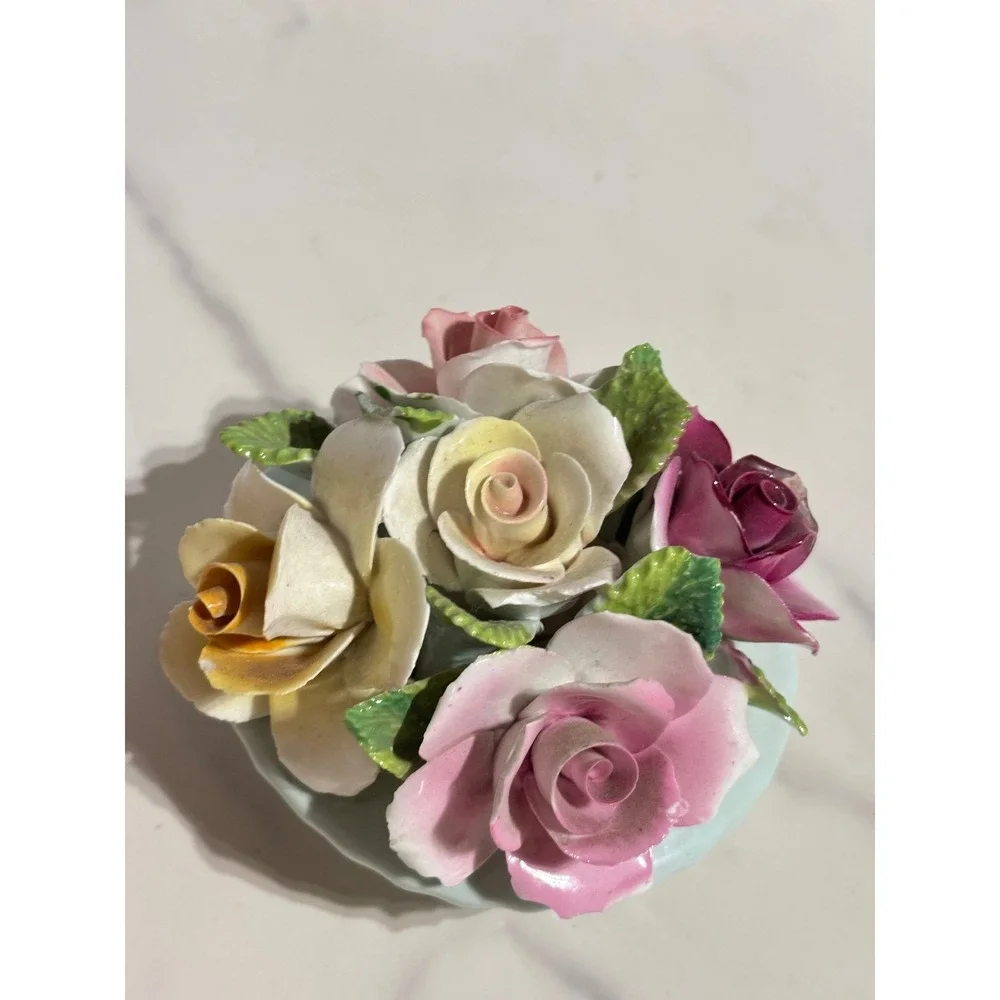 Vintage Porcelain Rose Floral Cluster Figurine Pink Yellow Burgundy Bouquet